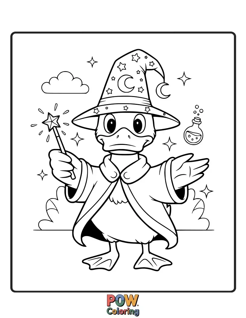 Free coloring page of A mystical duck casting a spell with a wand and a pointy wizard hat.