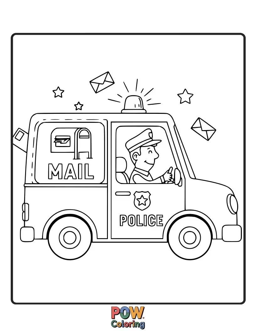 Free coloring page of Mailman police car, delivering justice and important messages, ensures that no correspondence goes unchecked.