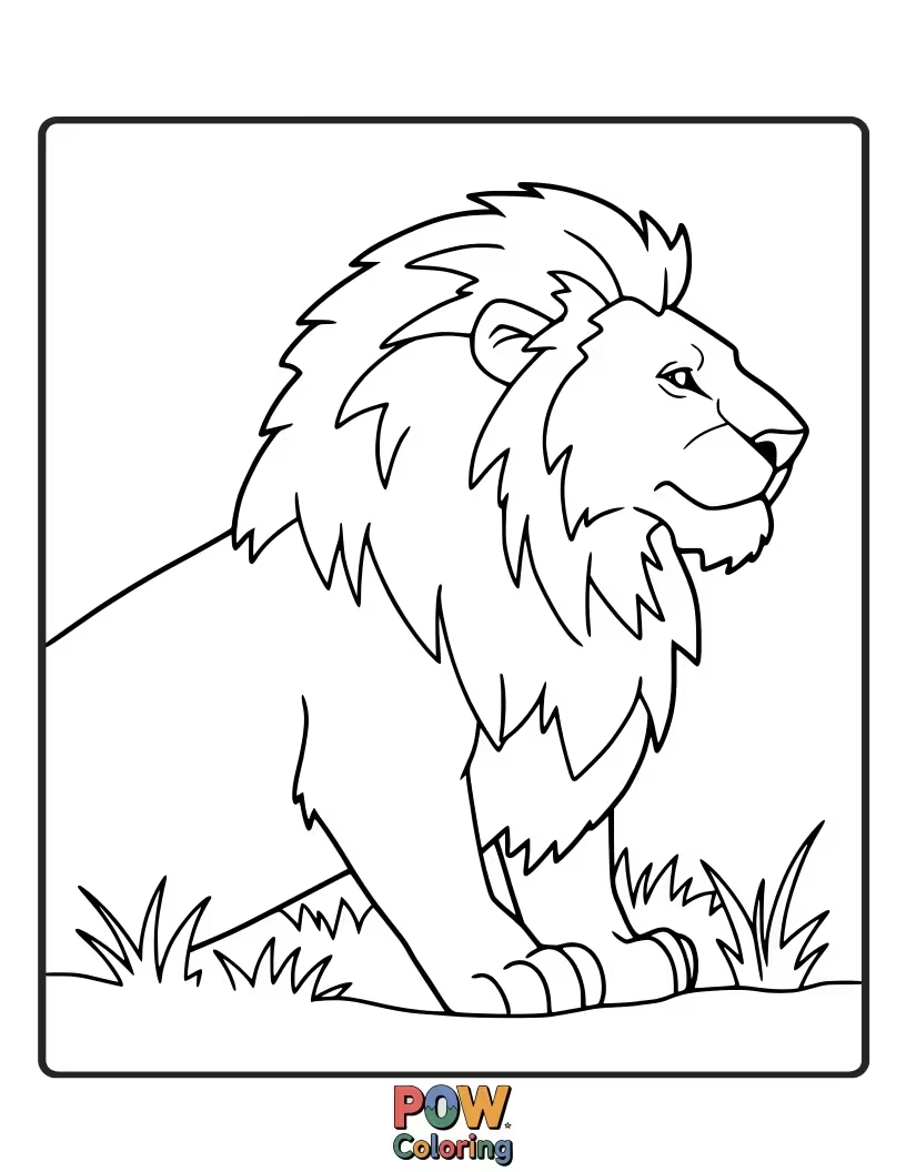 Free coloring page of A regal lion with a flowing mane sits proudly, ready for vibrant colors.