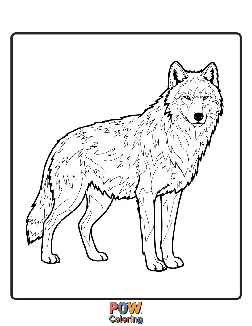 Free coloring page of A powerful wolf stands proudly on a rocky outcrop, gazing into the distance under a moonlit sky. Perfect for detailed coloring.