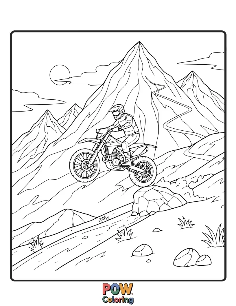 Free coloring page of A powerful dirt bike conquering a rugged mountain trail, surrounded by majestic peaks and soaring eagles.