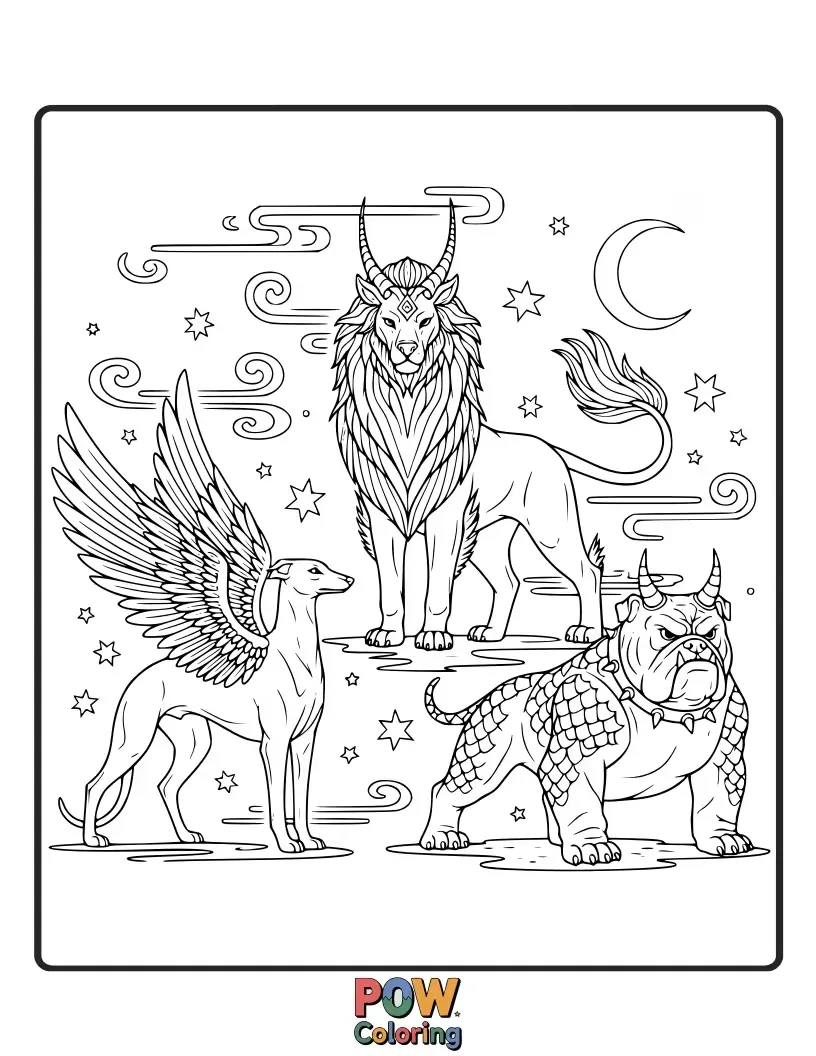 Free coloring page of Elegant dogs inspired by mythical creatures, perhaps with feathered wings or shimmering scales, offering a fantastical coloring adventure.