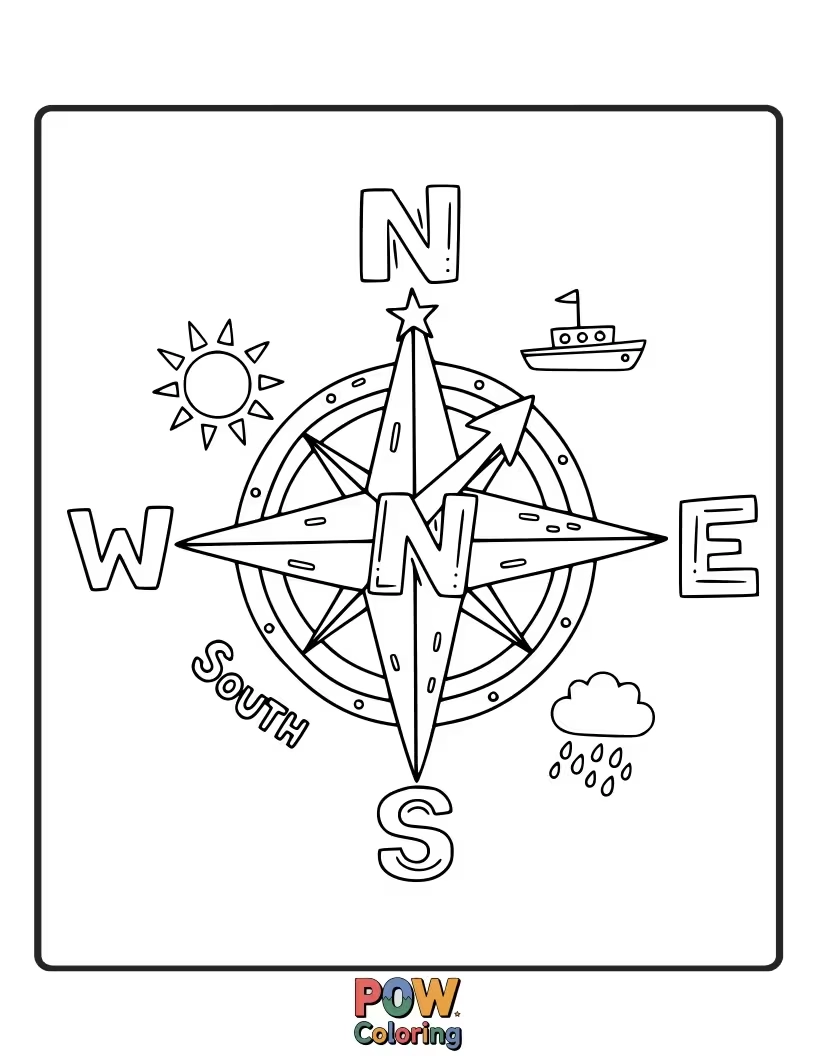 Free coloring page of A compass next to a map. Learn how a compass helps you find your way.