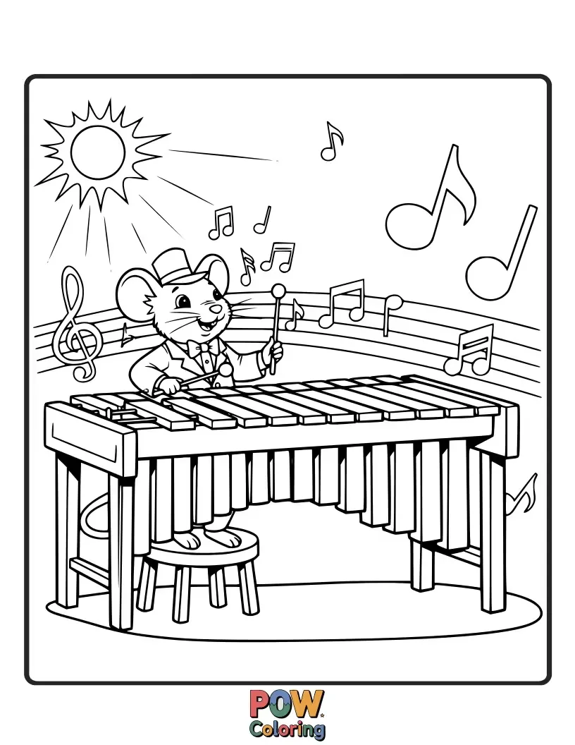 Free coloring page of A tiny, energetic mouse expertly playing a miniature marimba with tiny mallets. Dexterous, cute, and wonderfully musical.