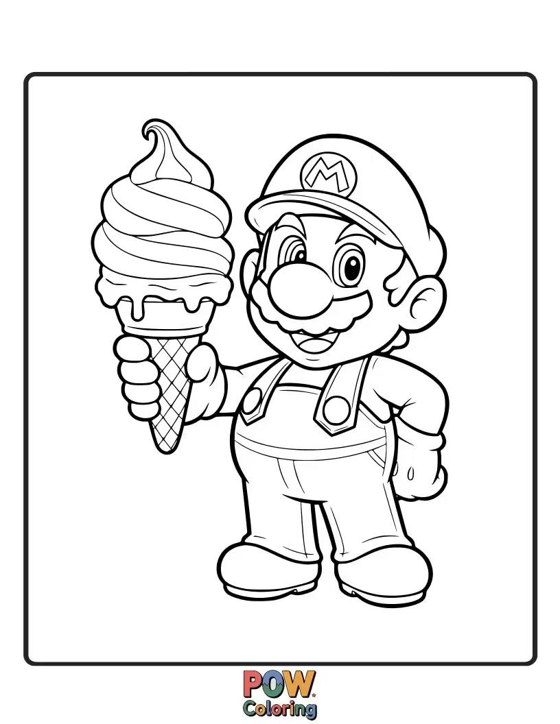 Free coloring page of Mario holding Big ice cream cone.