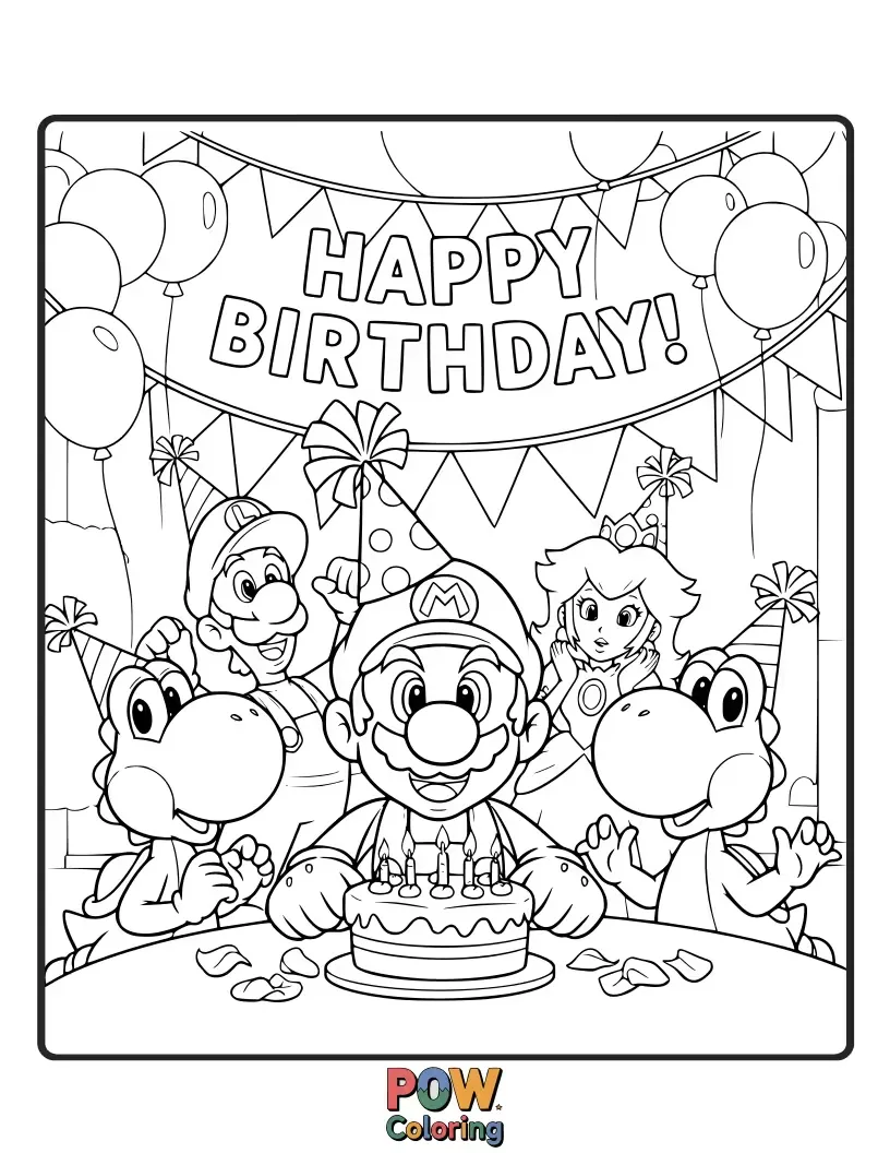 Free coloring page of Mario, Luigi, Princess Peach with friends celebrating birthday.