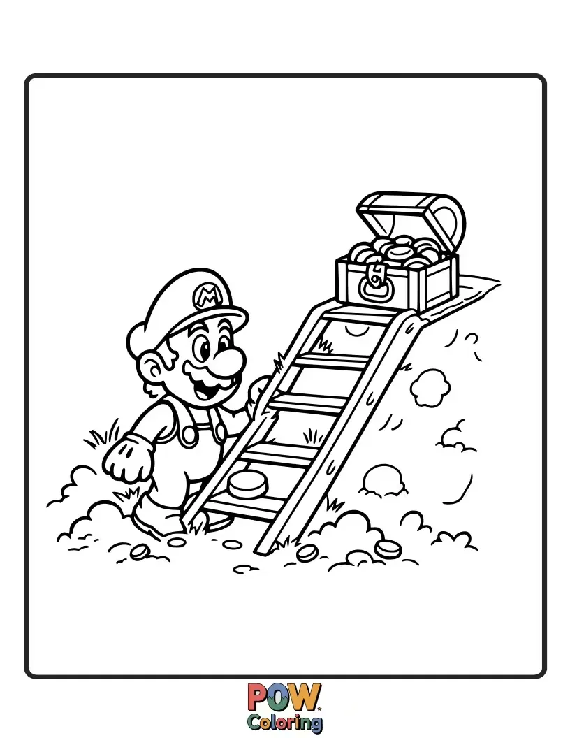 Free coloring page of Adorable Mario at a ladder leading to treasure chest overflowing with coins.