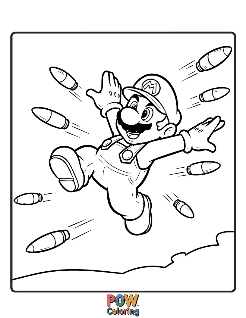 Free coloring page of Mario jumping and escaping from the bullets flying around him.
