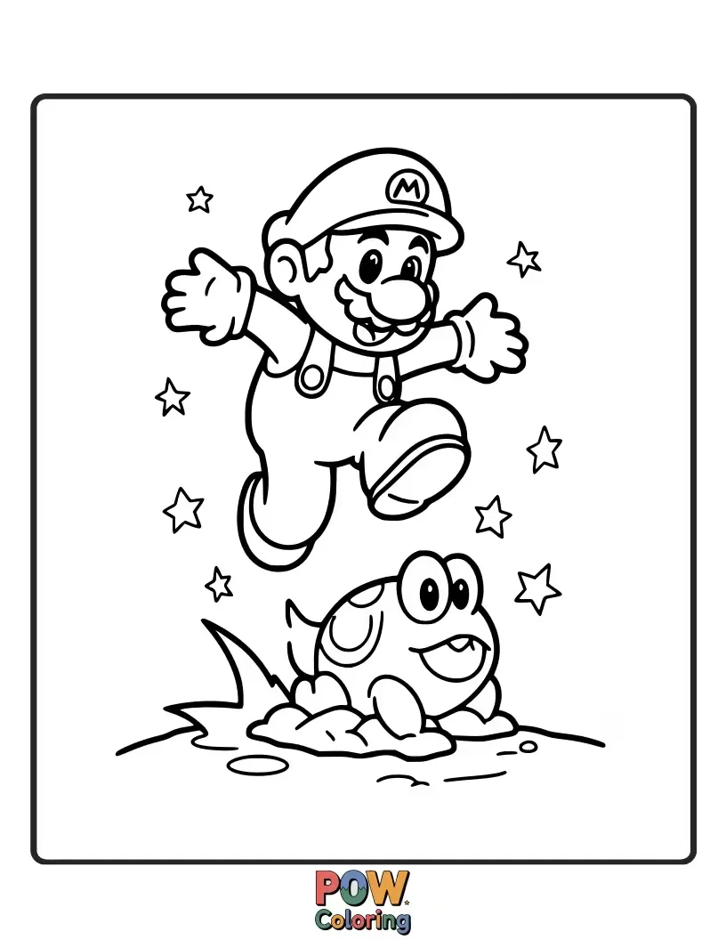 Free coloring page of Happy Mario bounces over a Goomba.