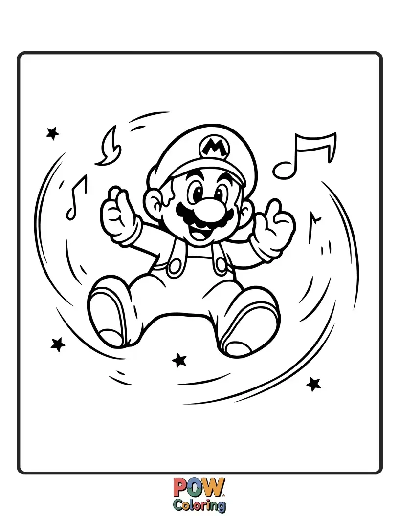 Free coloring page of Mario listening to songs surrounded by musical notes swirl.