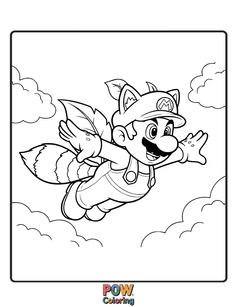 Free coloring page of Mario in Super Leaf suit with raccoon tail flying through the clouds.