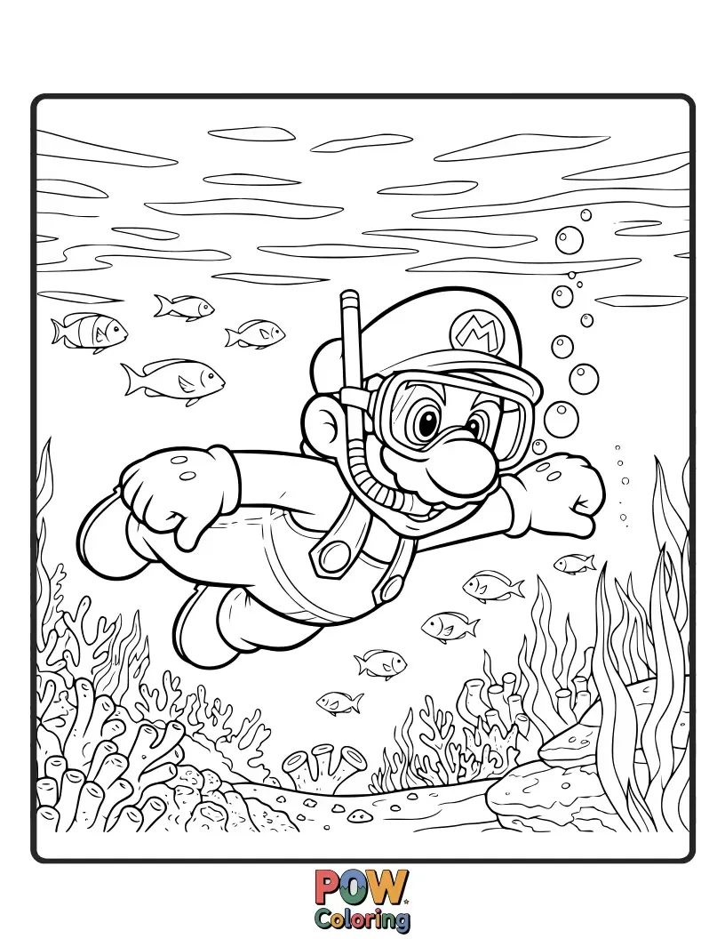 Free coloring page of Mario swimming underwater along with fishes