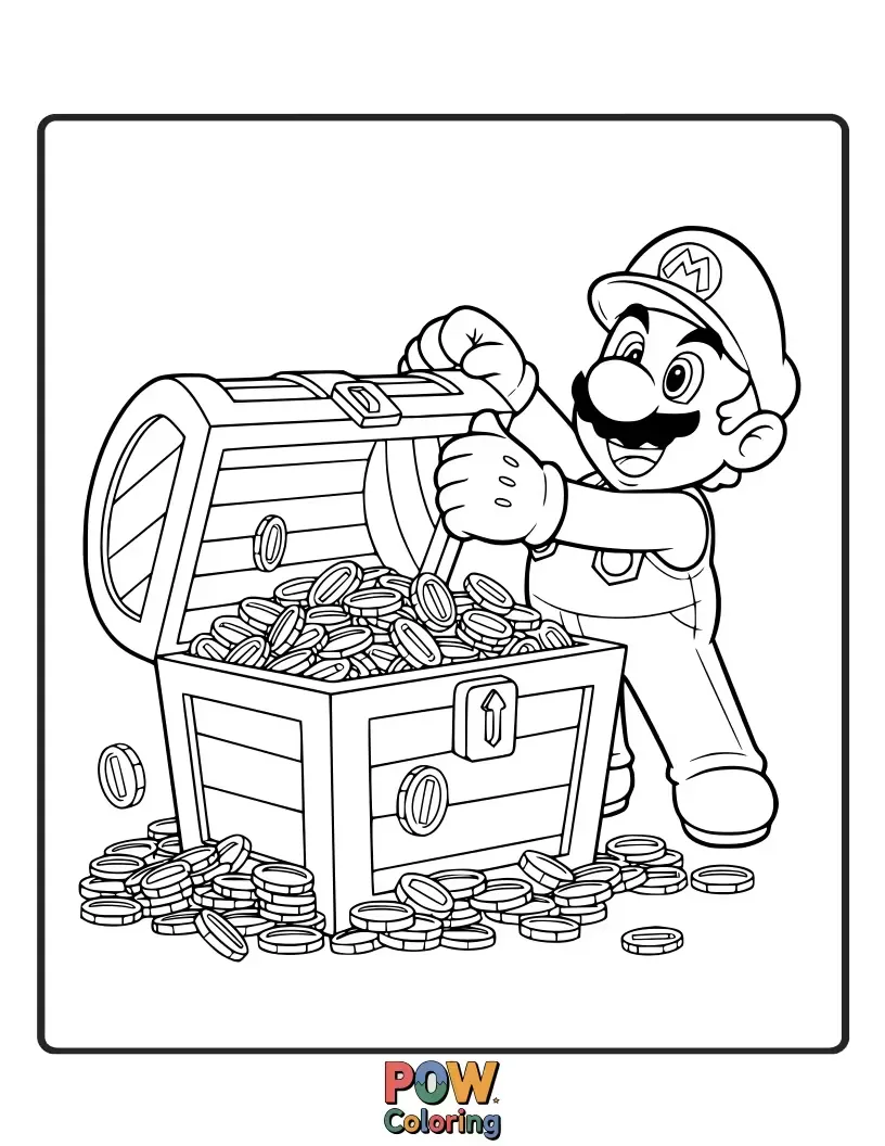 Free coloring page of Mario opening a treasure chest overflowing with coins.