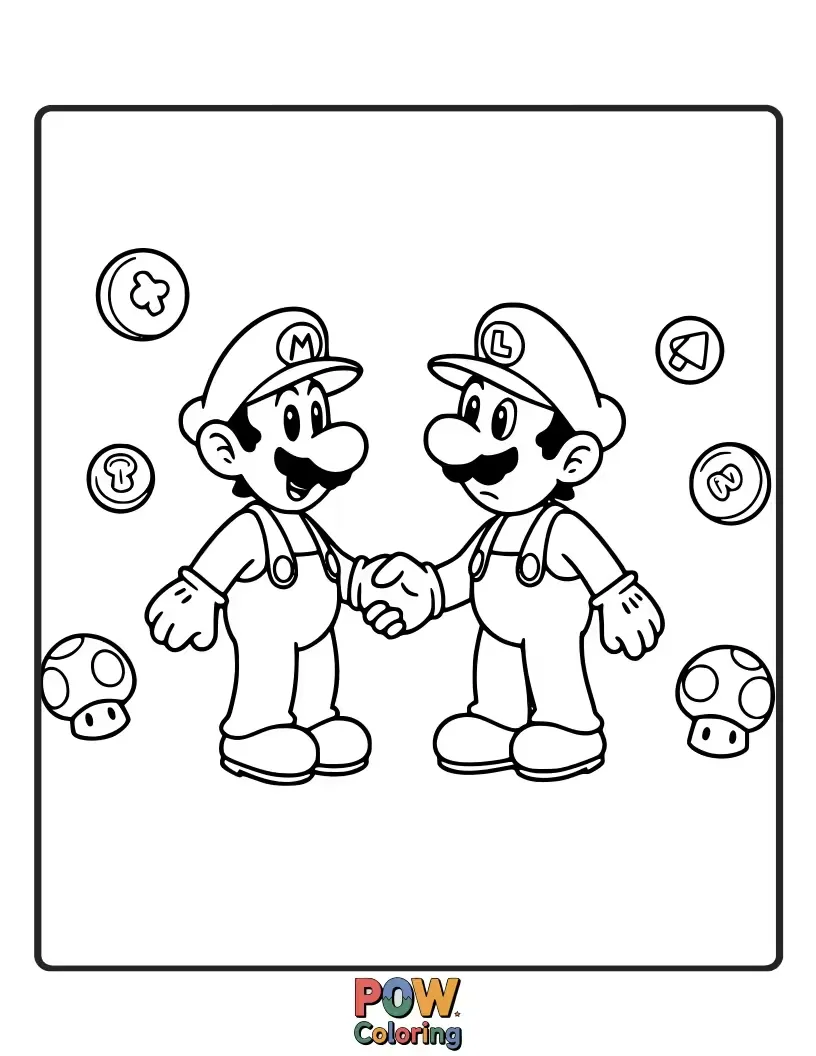Free coloring page of Mario is shaking hands with Luigi.They are both wearing their signature hats and smiling.