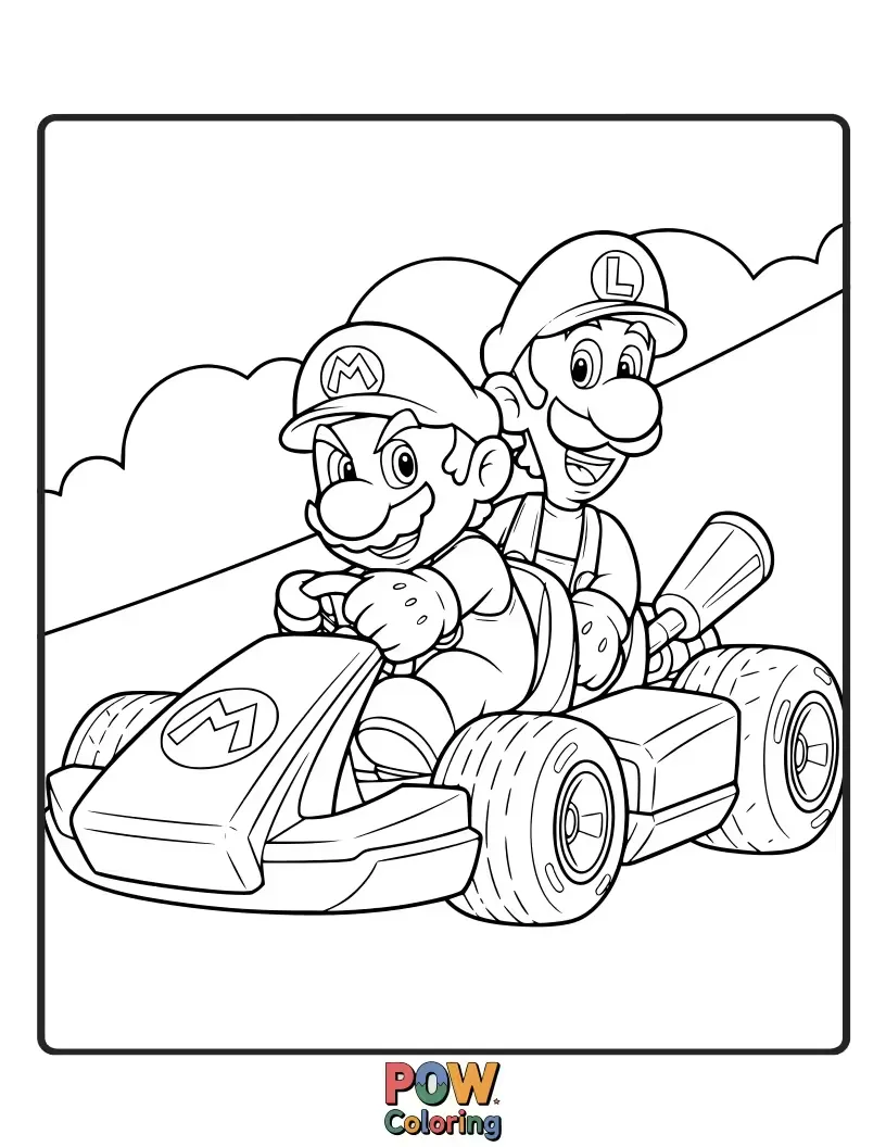 Free coloring page of Mario is driving and Luigi is behind him, both are smiling