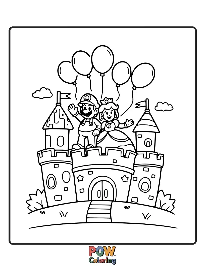 Free coloring page of Princess Peach and Mario waving together from the castle roof.