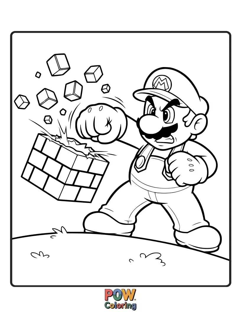 Free coloring page of Mario is punching a brick block, which is breaking apart.