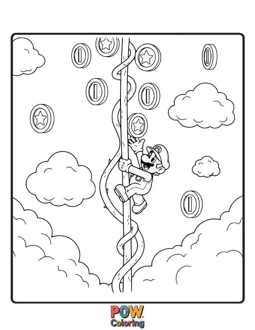 Free coloring page of Mario climbing vines to reach coins in the sky