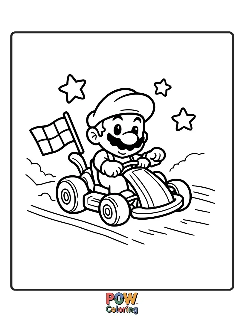 Free coloring page of Cute Mario character driving a simple go-kart.