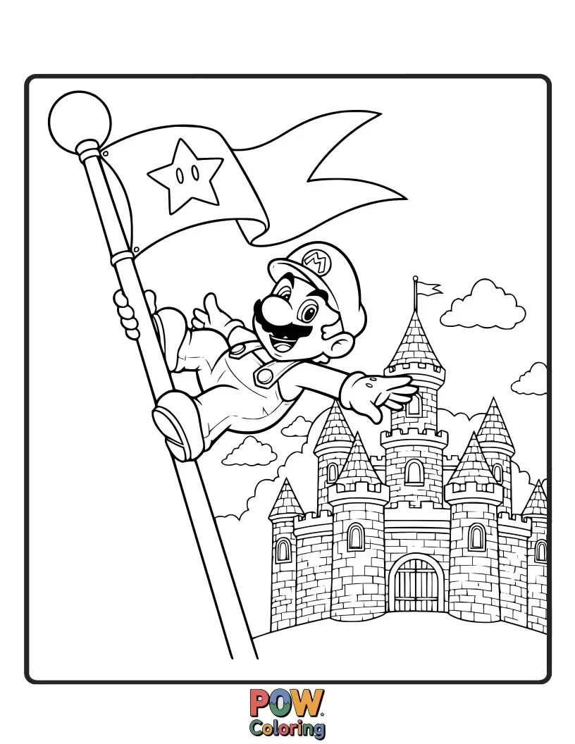 Free coloring page of Mario with waving hands sliding down with flagpole near a castle.