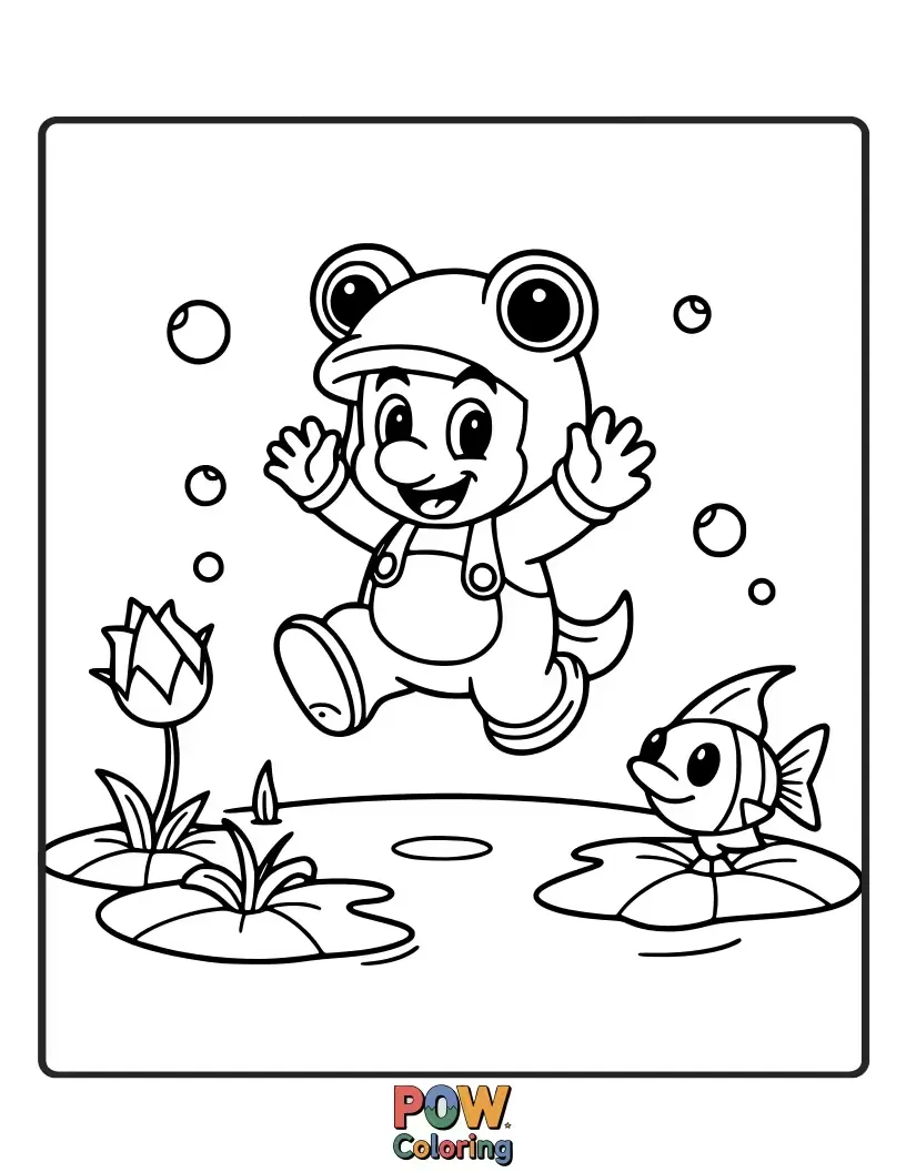 Free coloring page of Mario in a frog suit with round eyes and a happy smile jumping in a pond.