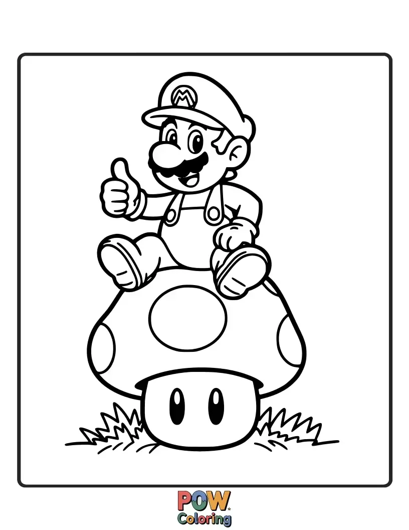 Free coloring page of Mario sitting on a large Super Mushroom having a smiling face.