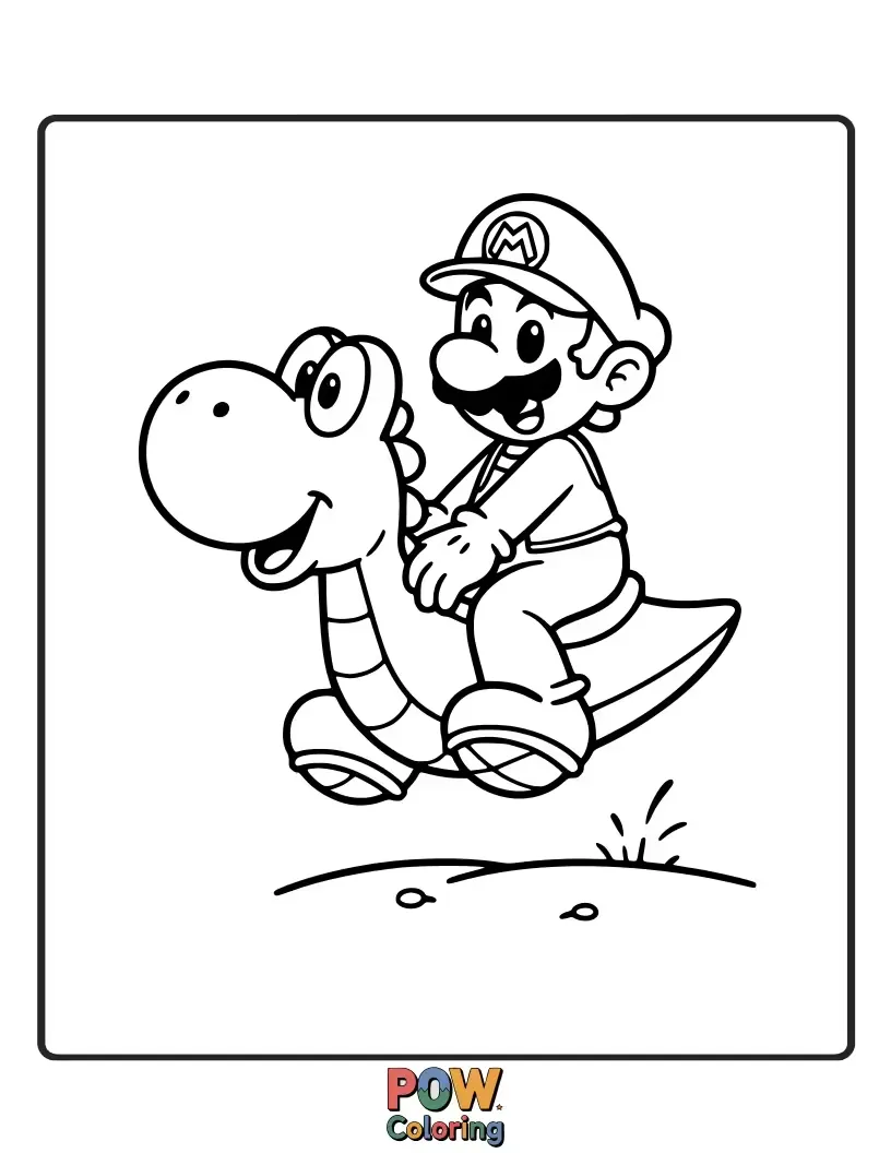 Free coloring page of Mario with his iconic hat is happily riding Yoshi.