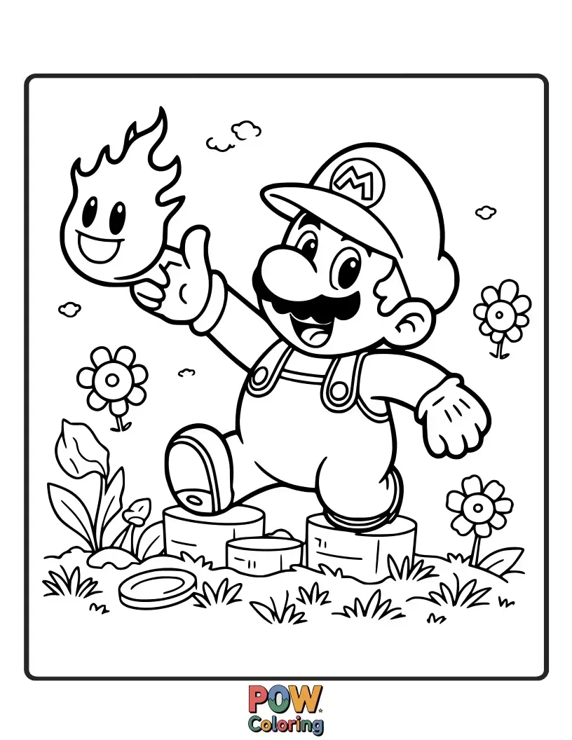 Free coloring page of Happy Mario throws a fun fireball.