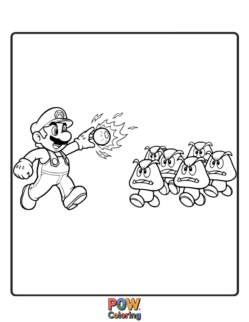 Free coloring page of Mario throws a fireball at a group of walking Goombas