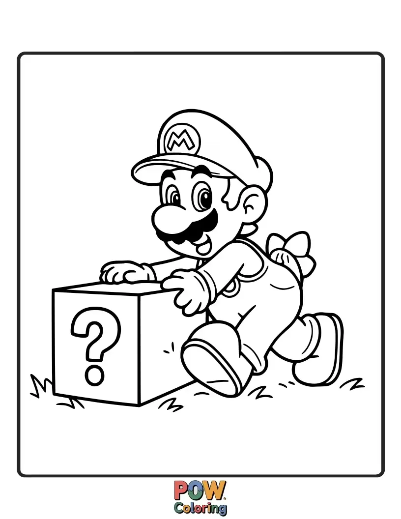 Free coloring page of Delightful Mario attempts to move a question block.