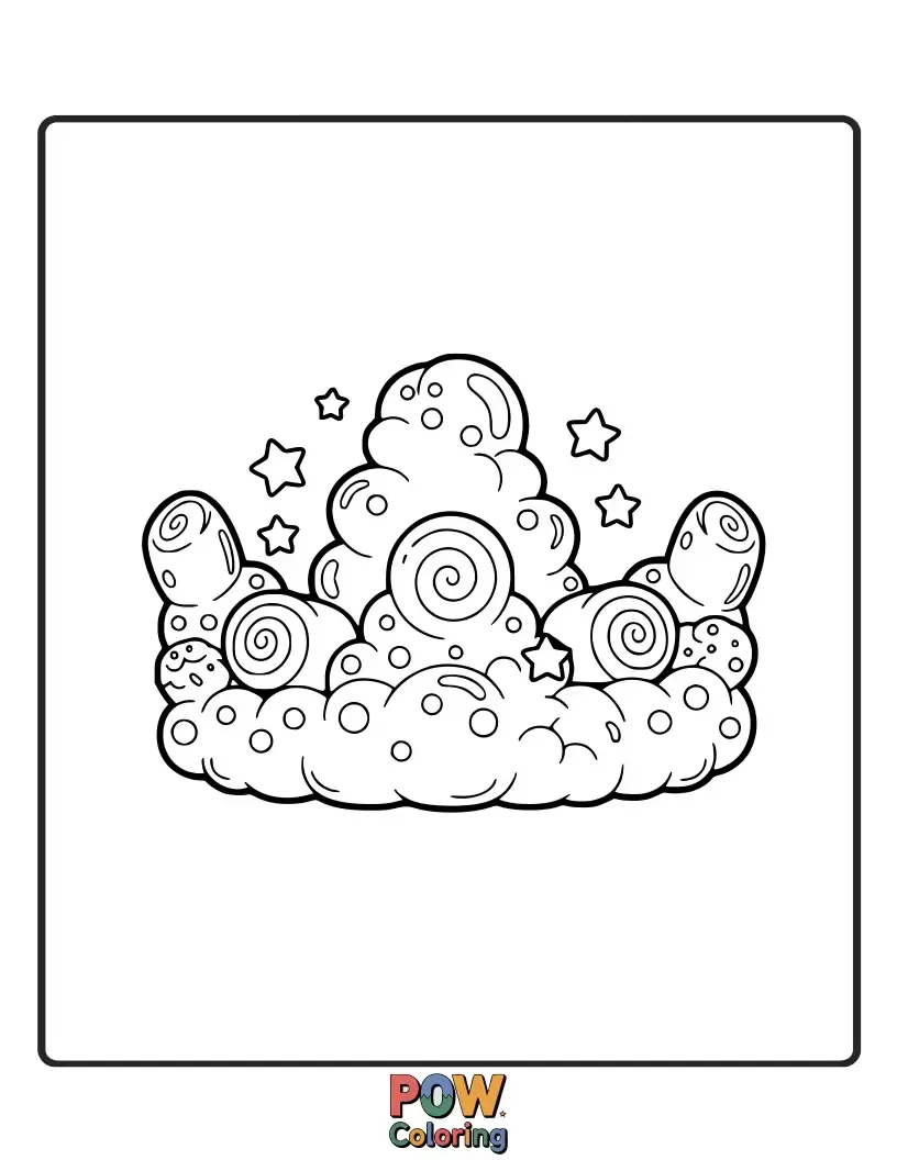 Free coloring page of Fluffy marshmallows and soft cloud shapes create a delightfully whimsical and sweet crown.