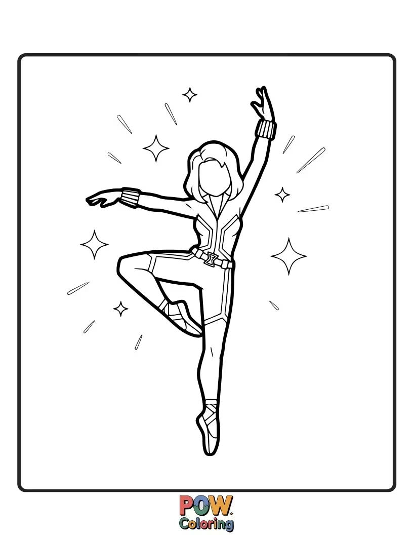 Free coloring page of A graceful Black Widow in a tiny tutu, performing a pirouette amidst blooming nightshade flowers.