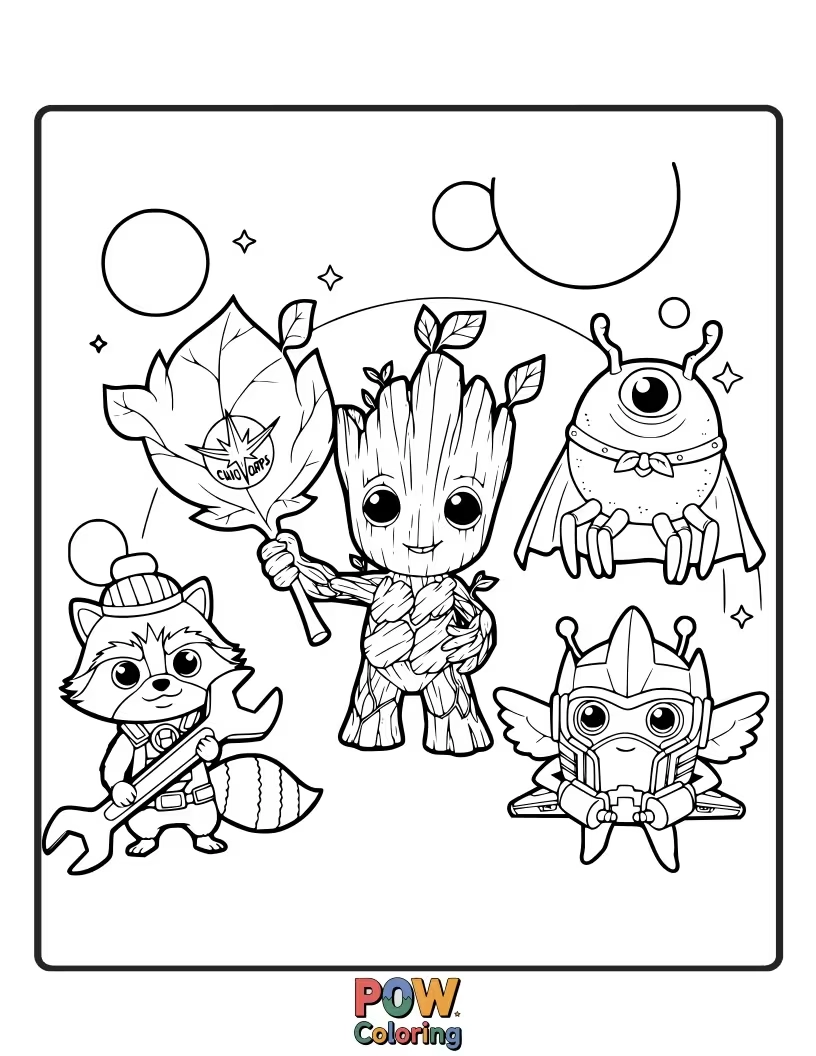 Free coloring page of Adorable, fluffy alien creatures from across the Marvel cosmos, like a baby Groot playing with a Star-Lord helmet.