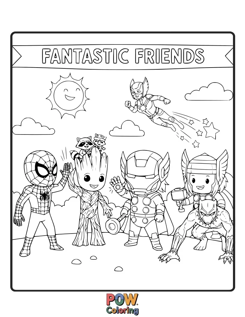 Free coloring page of Mr. Fantastic stretching to reach a star, Sue Storm creating a force field bubble.