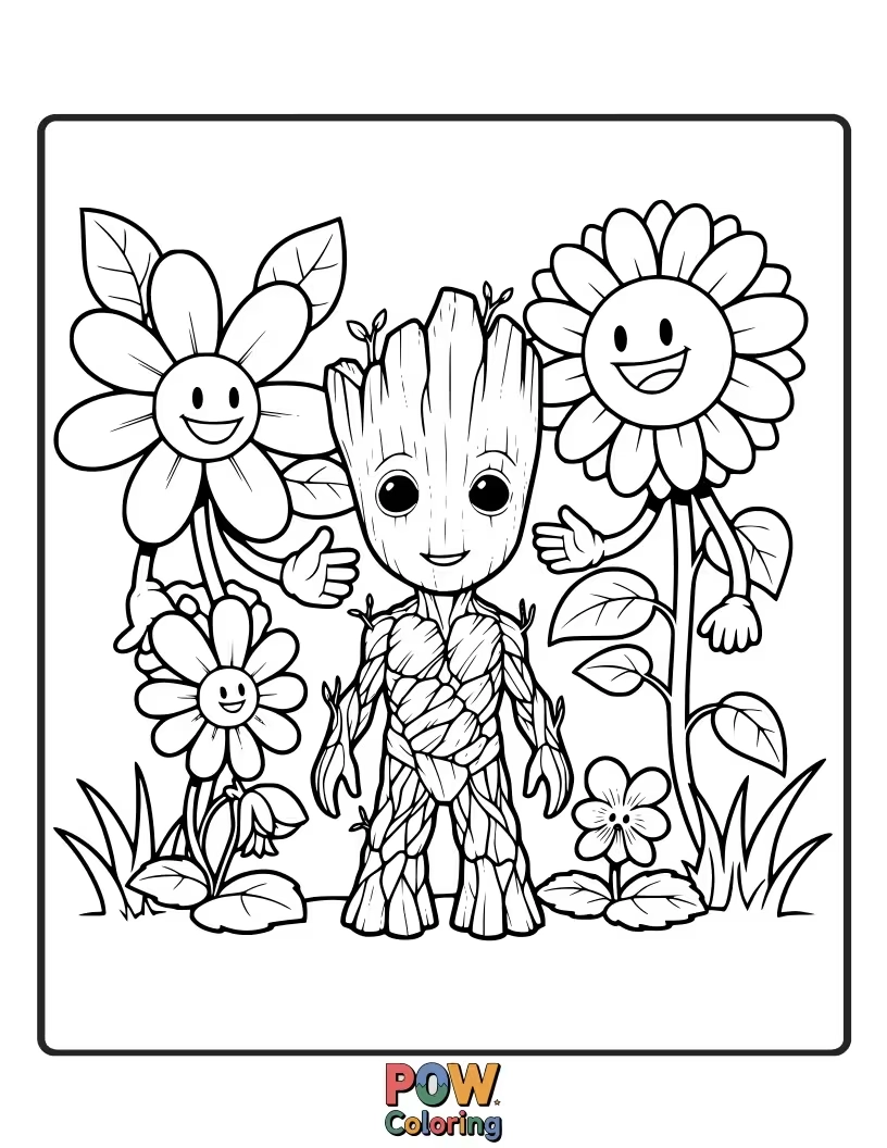 Free coloring page of Baby Groot surrounded by a variety of cute, smiling flower friends in a forest clearing.