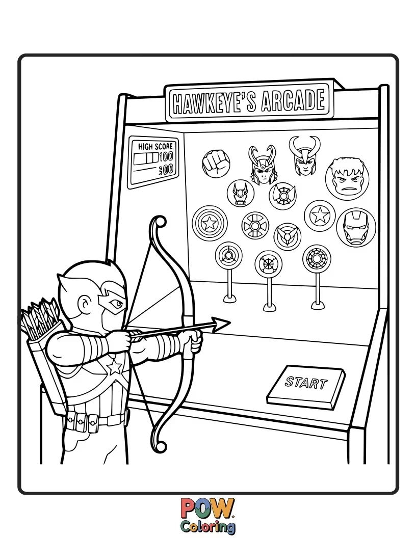 Free coloring page of Hawkeye aiming at cute, target-shaped donuts and fruit with his tiny, stylized bow and arrow.