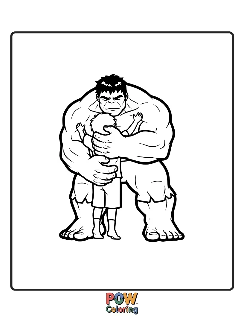 Free coloring page of A gentle, oversized Hulk carefully hugging a tiny flower, his expression soft and content.