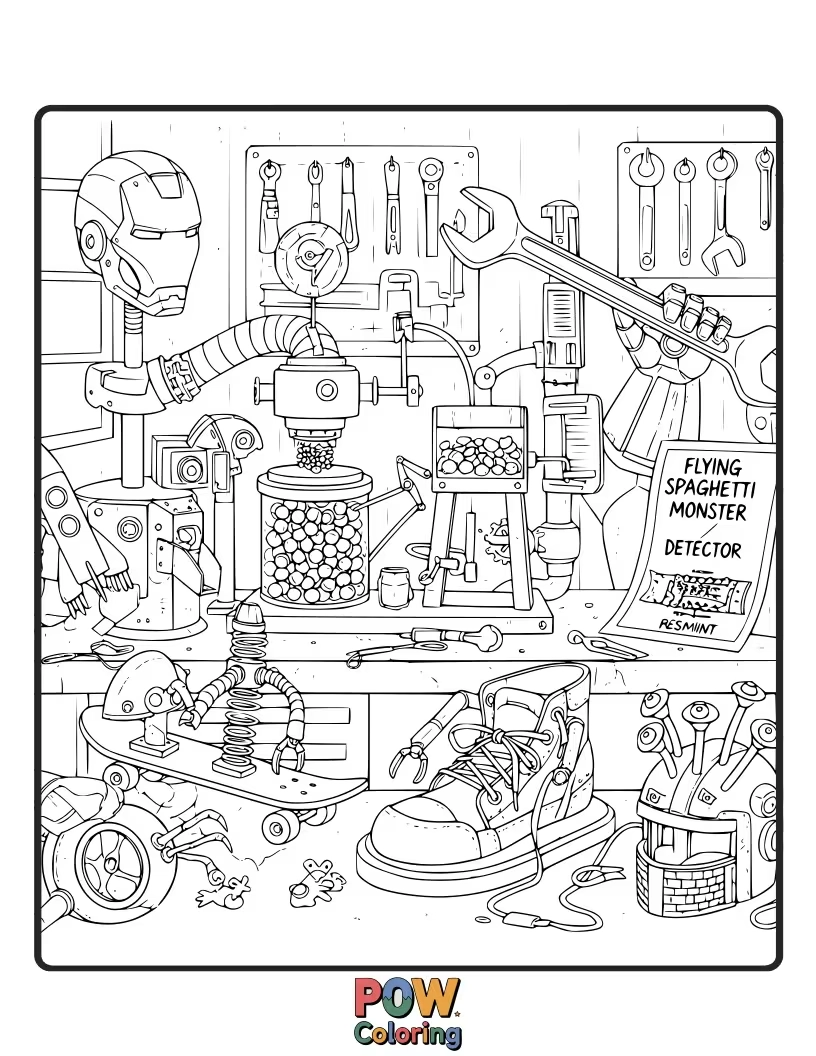 Free coloring page of A miniature Iron Man suit being assembled by adorable robotic bees in a whimsical workshop.