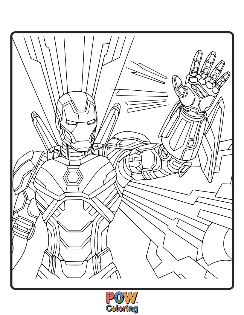 Free coloring page of Ironheart giving her armor a cute, sparkly upgrade with some friendly robot assistants.