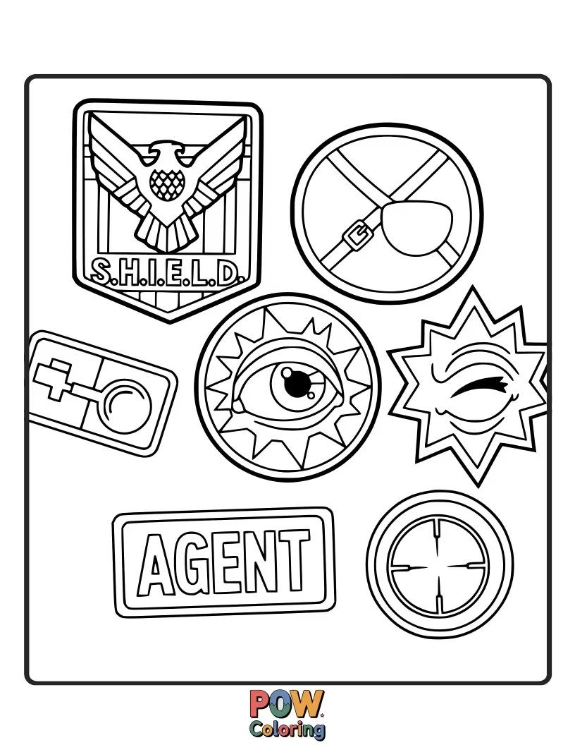 Free coloring page of Nick Fury with a tiny eyepatch and a collection of cute, colorful superhero patches.