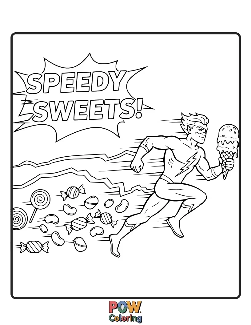 Free coloring page of Quicksilver zipping around, creating a blur as he delivers a cascade of colorful cupcakes.