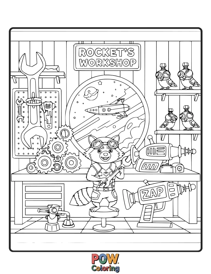 Free coloring page of Rocket Raccoon building a quirky, oversized robot companion with spare parts and a happy grin.