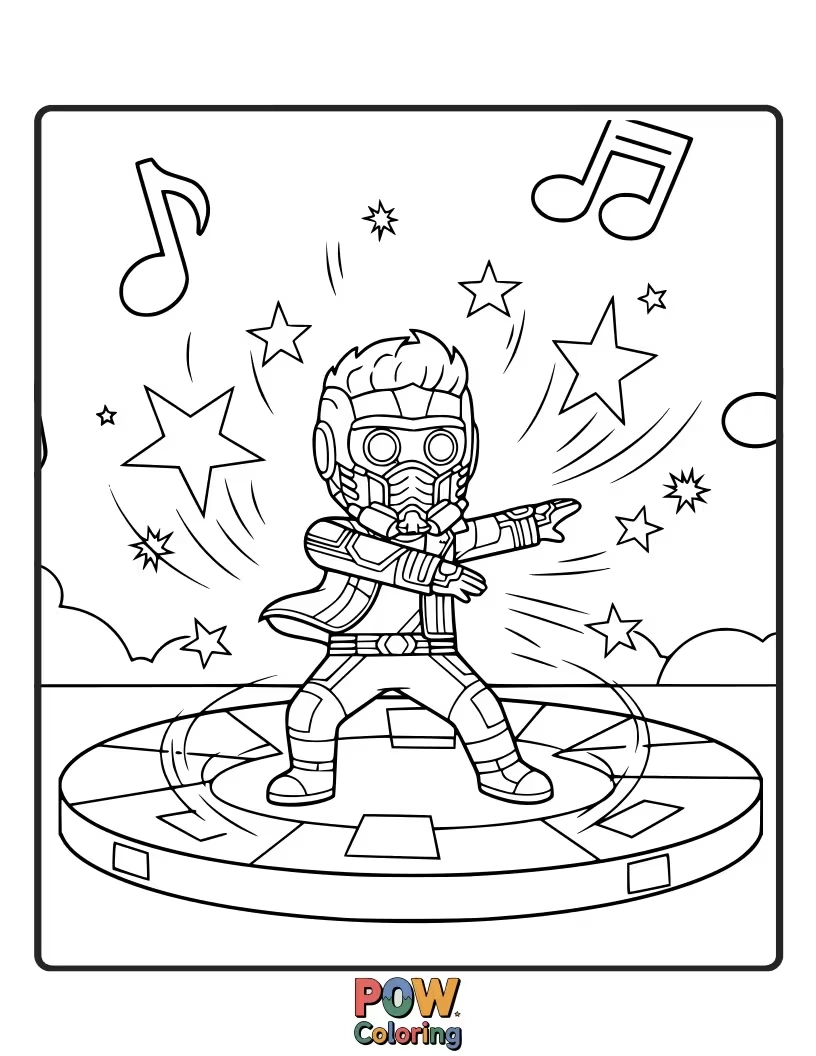 Free coloring page of Star-Lord dancing joyfully under a sky filled with swirling stardust and nebulae.