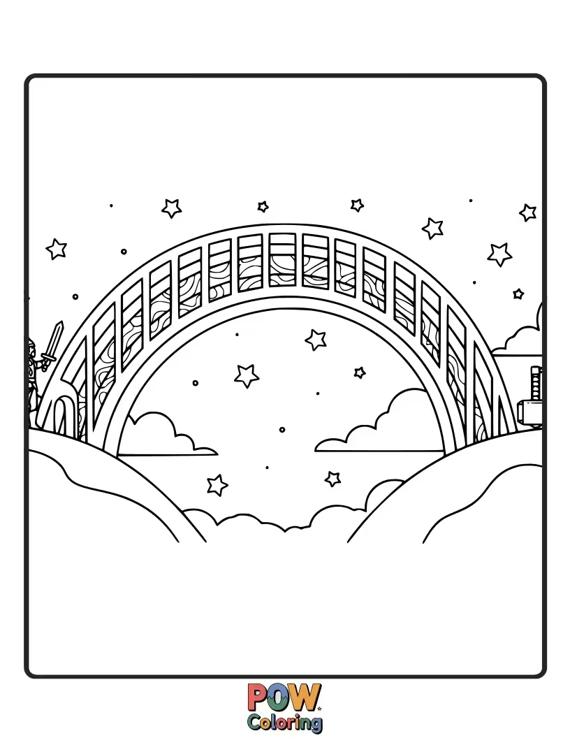 Free coloring page of Baby Thor riding a fluffy cloud across a vibrant rainbow bridge, surrounded by playful Asgardian sprites.