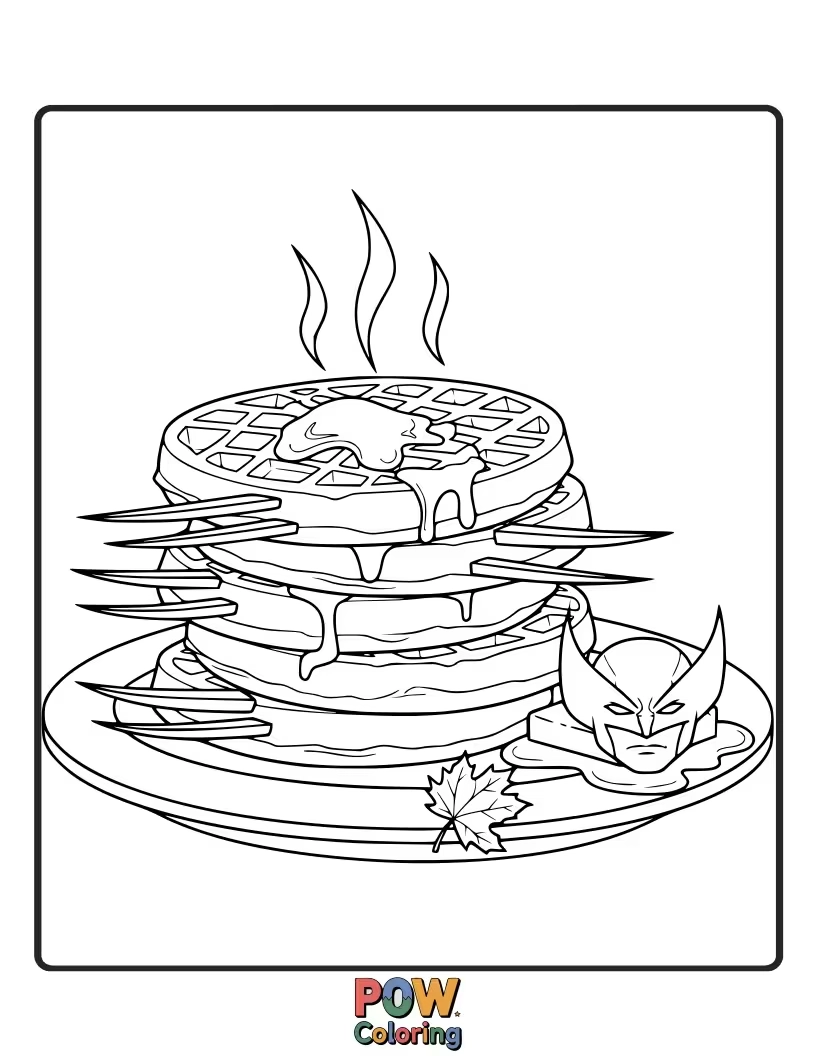 Free coloring page of A grumpy but cute Wolverine enjoying a giant stack of pancakes and waffles, claws retracted.