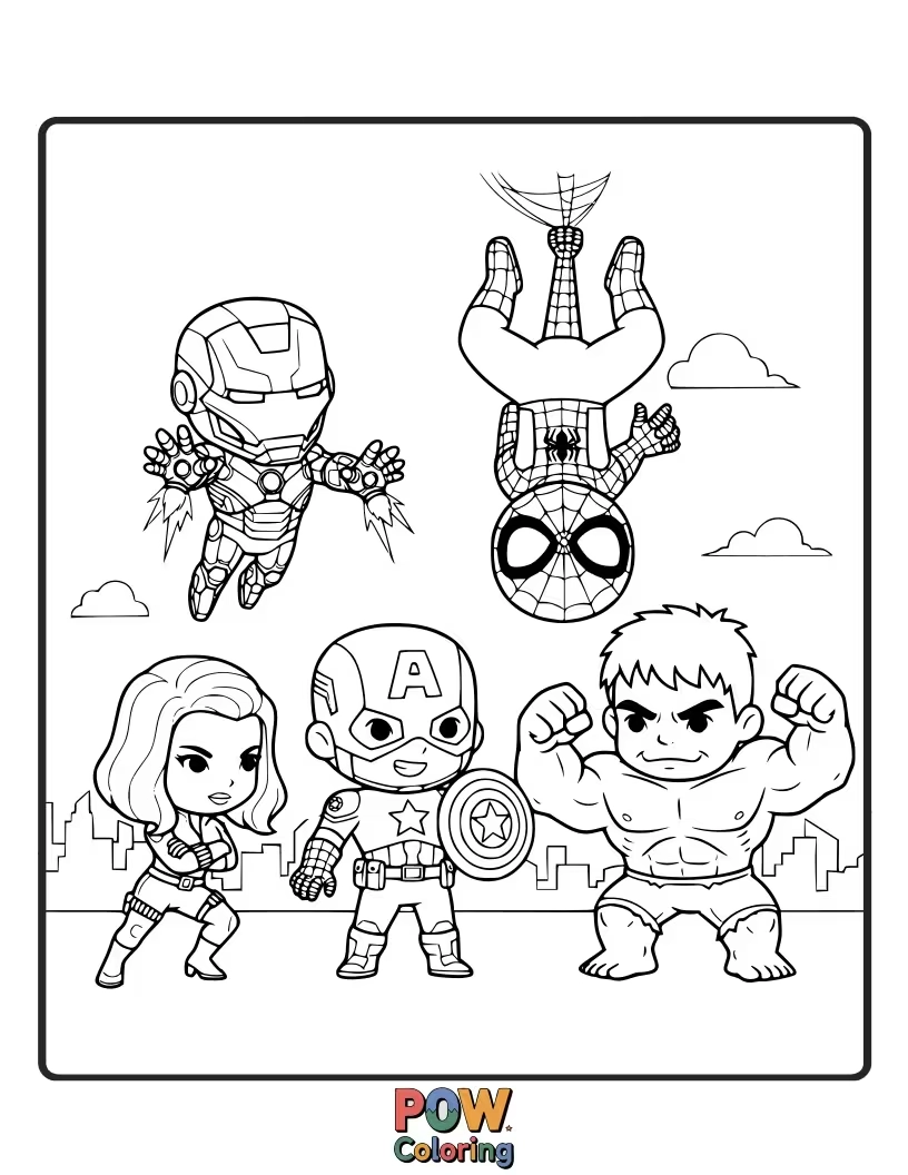 Free coloring page of A collection of baby Avengers, including Iron Man in a diaper, Hulk as a chubby toddler, and Thor with a tiny Mjolnir.