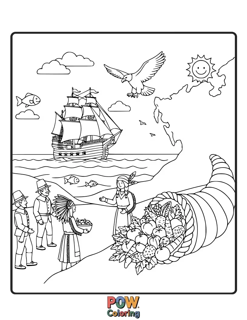 Free coloring page of A simplified, cute depiction of the Mayflower sailing with happy, waving pilgrims on deck. A historical, sweet journey.