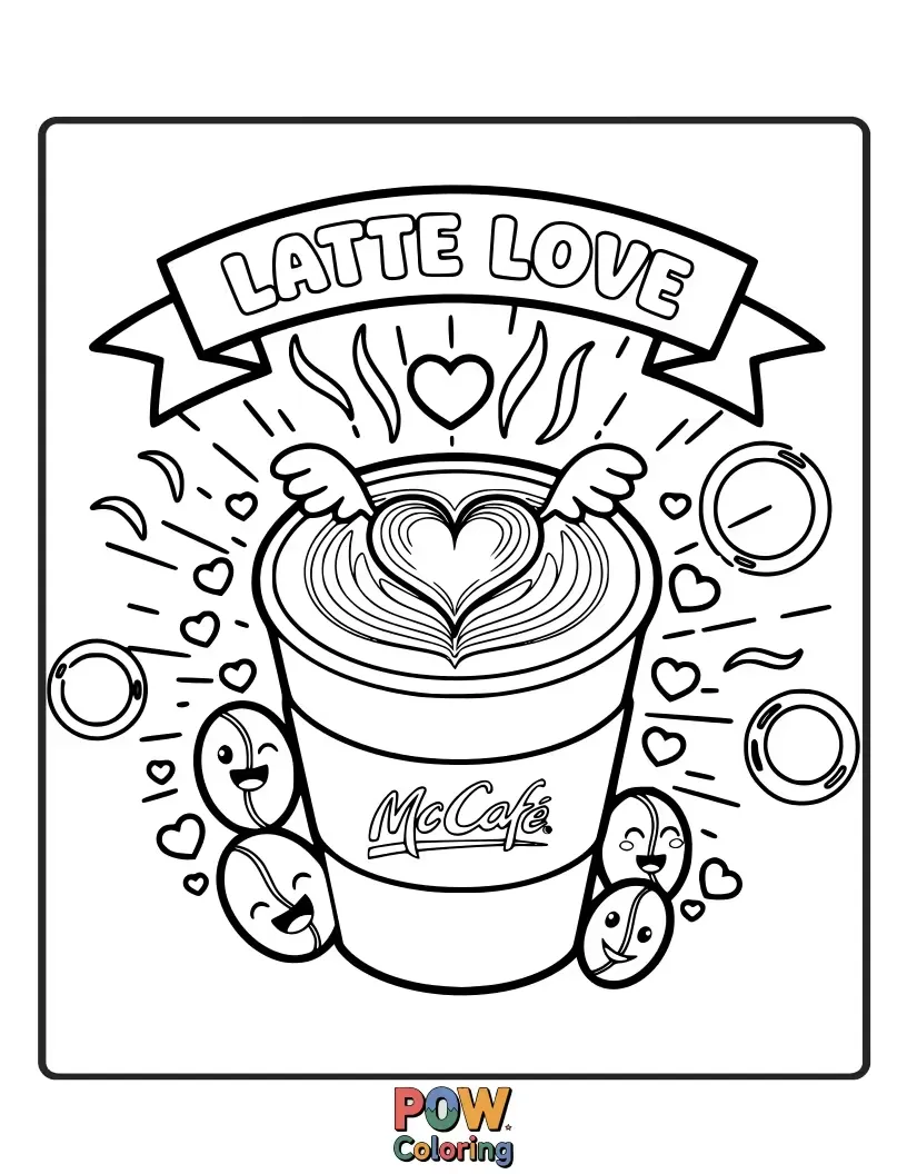 Free coloring page of A coffee cup with a heart shape made of foam art.