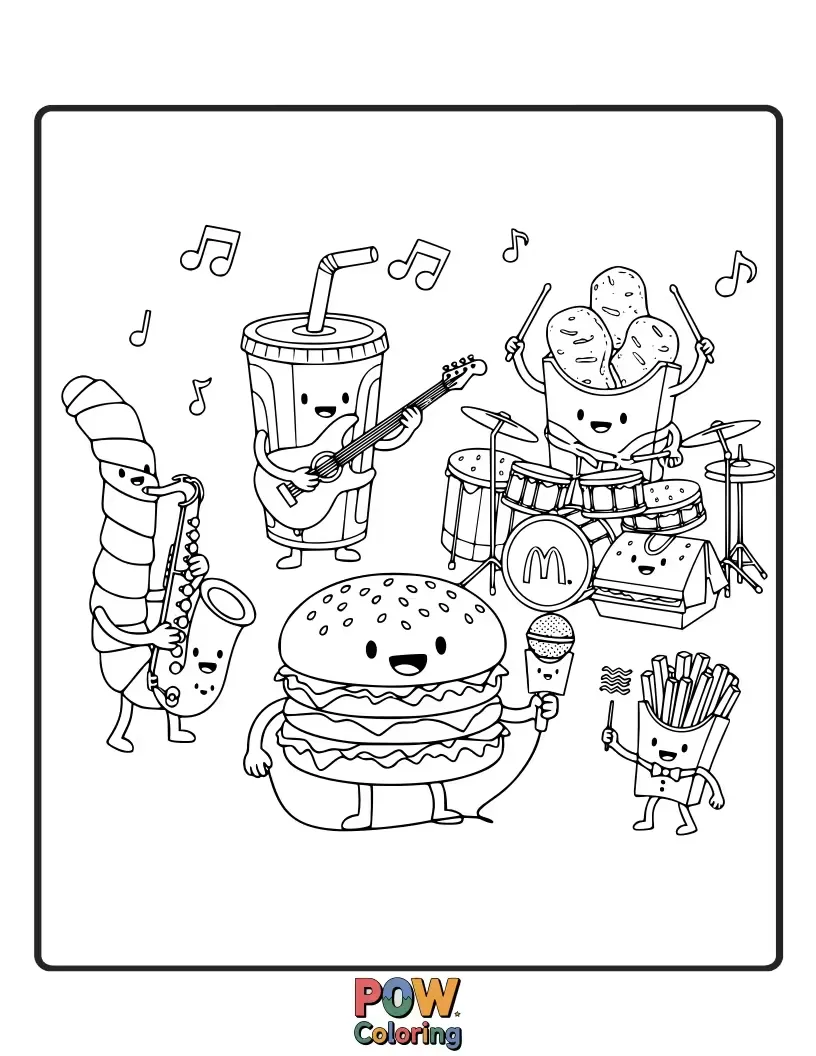 Free coloring page of A band with musical instruments made from burgers, fries, and drinks.