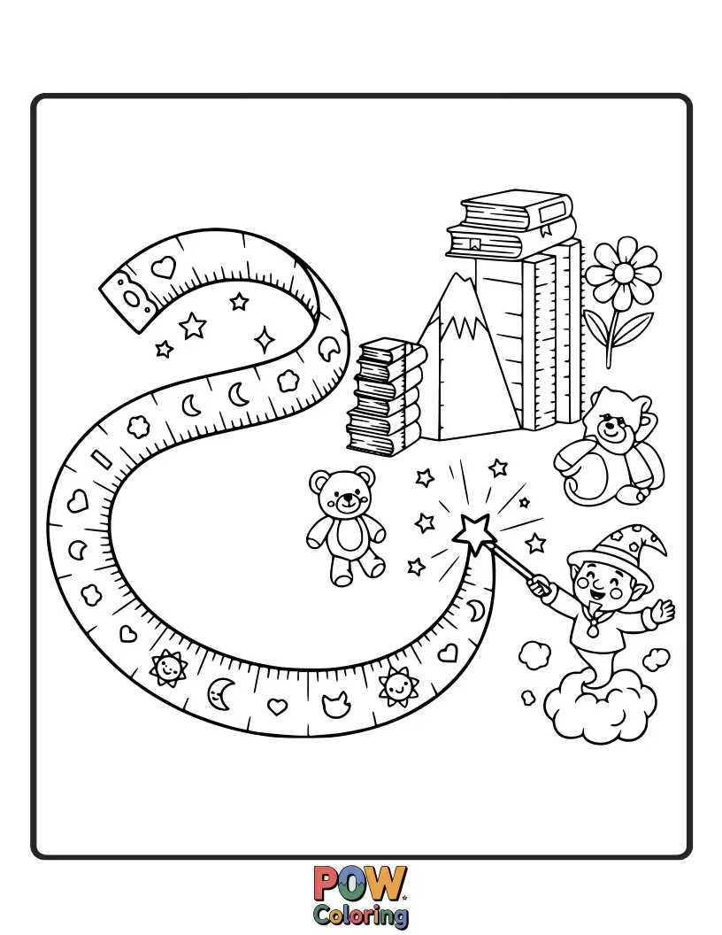Free coloring page of A long, winding measuring tape forming a magical path through a forest.